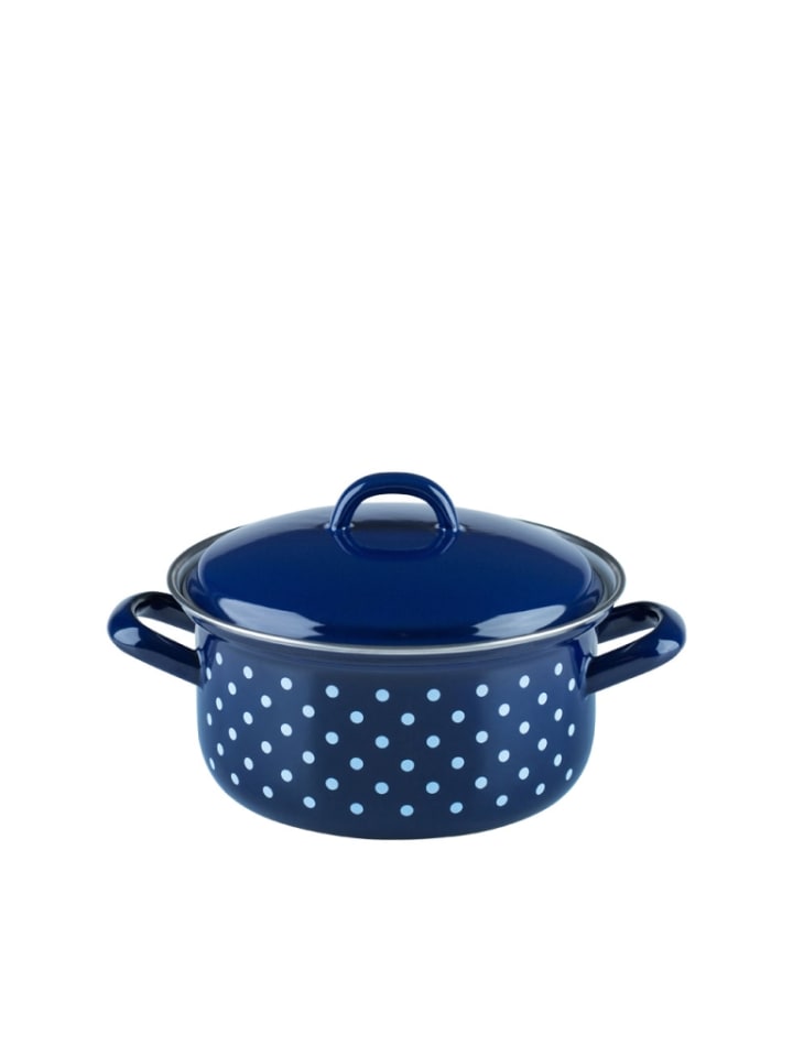 Riess Casserole avec couvercle Ø16cm 1 litre émail Country Dirndl bleu à pois