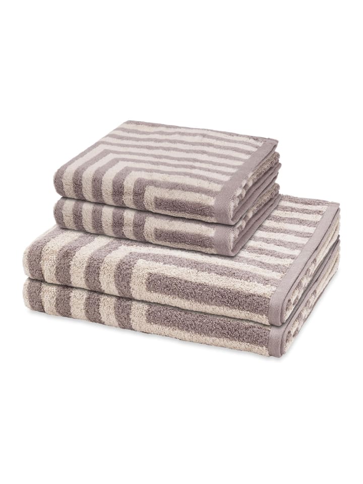 2 X Handtuch 2 X Duschtuch im Set Grafik in Grau / beige