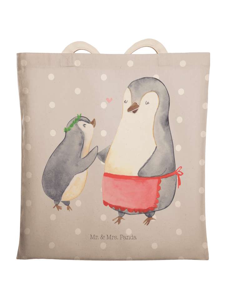 Einkaufstasche Pinguin mit Kind ohne Spruch in Grau Pastell