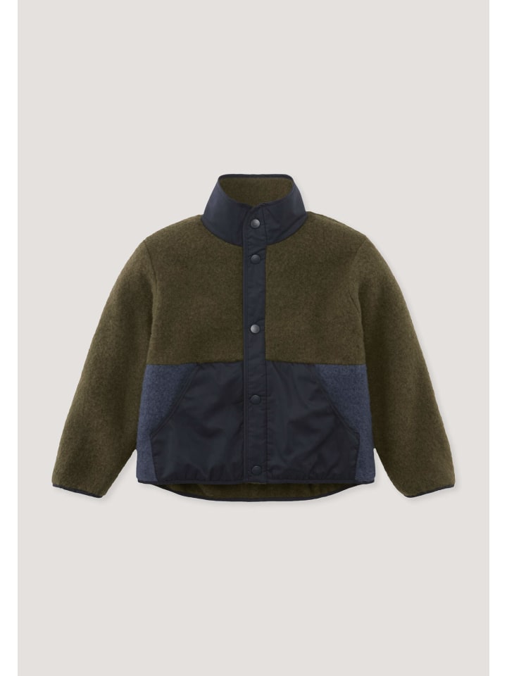Hessnatur Wollfleecejacke Regular mit Patch aus reiner Schurwolle in vintage oliv
