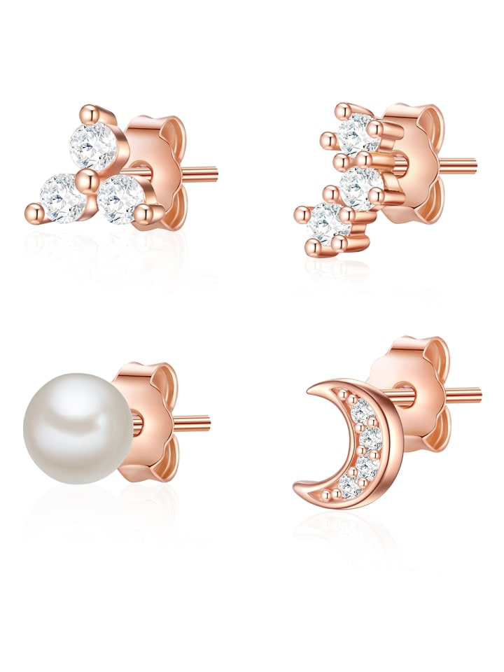 Set (Ohrringe 2er) Halbmondaus Messing Zirkonia Muschelkernperle in roségold