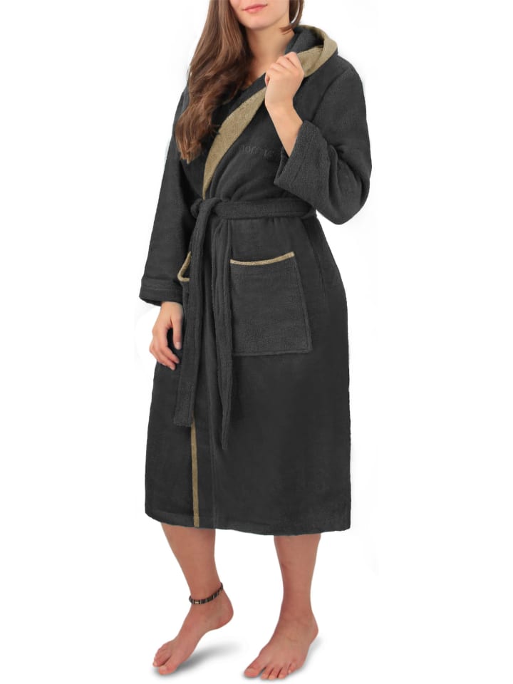 Damen Wellness-Bademantel aus 100% Baumwolle in Schwarz/Beige