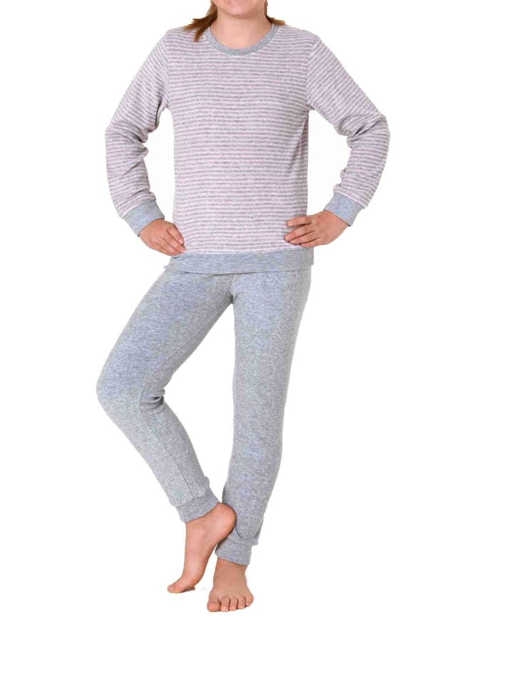 Frottee Pyjama langarm Bündchen Schlafanzug Herz - 71578 in Grau