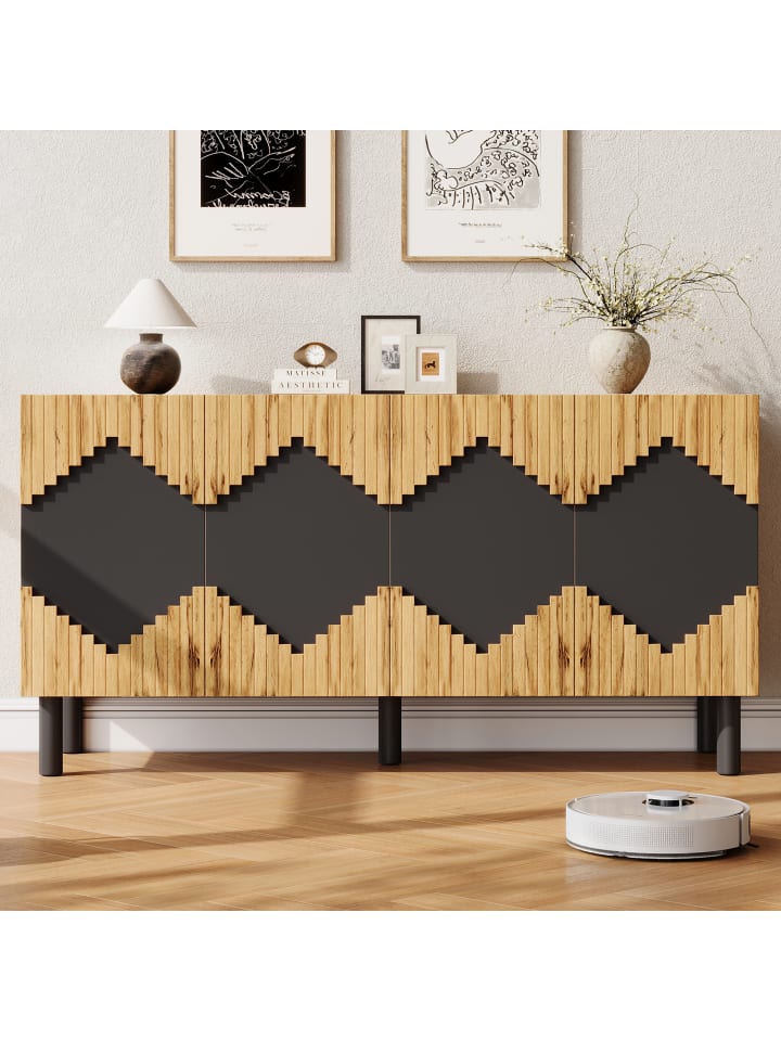 Sideboard in Holzfarbe Schwarz 140x40x70 cm mit 2 Türen Rautenmuster