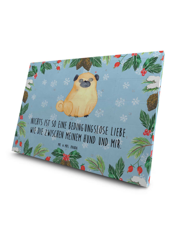 Adventskalender Mops mit Spruch in Eisblau