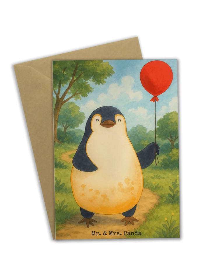 Klappkarte Pinguin Luftballon Design ohne Spruch in Weiß