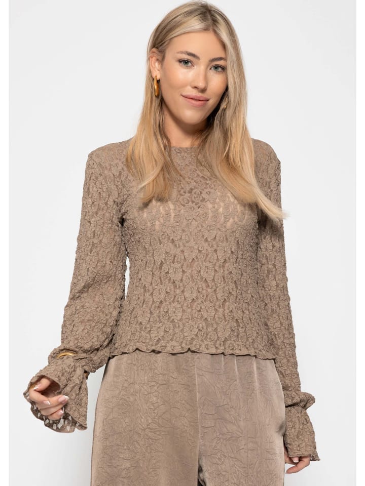Langarm Spitzenshirt mit Volantärmeln in Taupe
