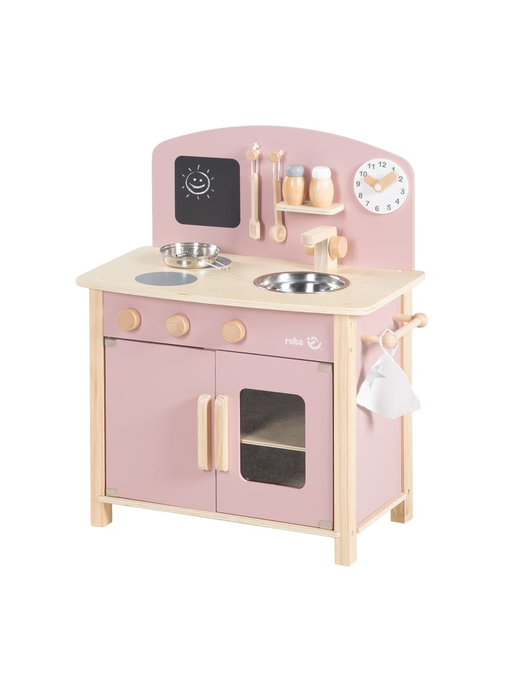 Spielküche aus Holz natur/rosa mit Zubehör, 2 Kochstellen, Spüle & Wasserhahn
