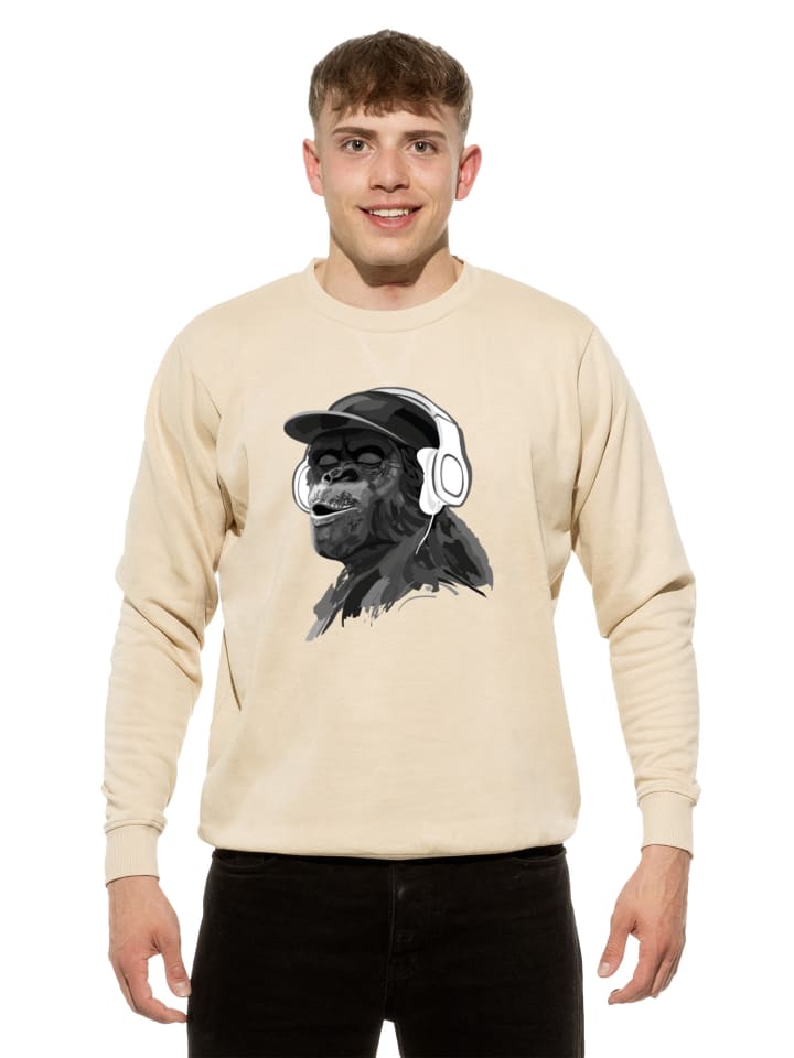 Sweatshirt Affe Pullover mit Print, Monkey mit Kopfhörer in Beige