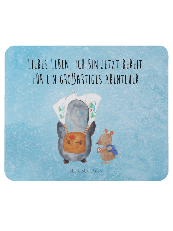 Mauspad Pinguin & Maus Wanderer mit Spruch in Eisblau