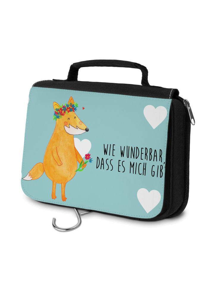 Kulturbeutel Fuchs Blumen mit Spruch in Türkis Pastell
