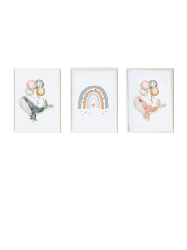 3er-Set Kinderbilder Wale/Ballons – (B)33 x (H)43 x (T)2 cm