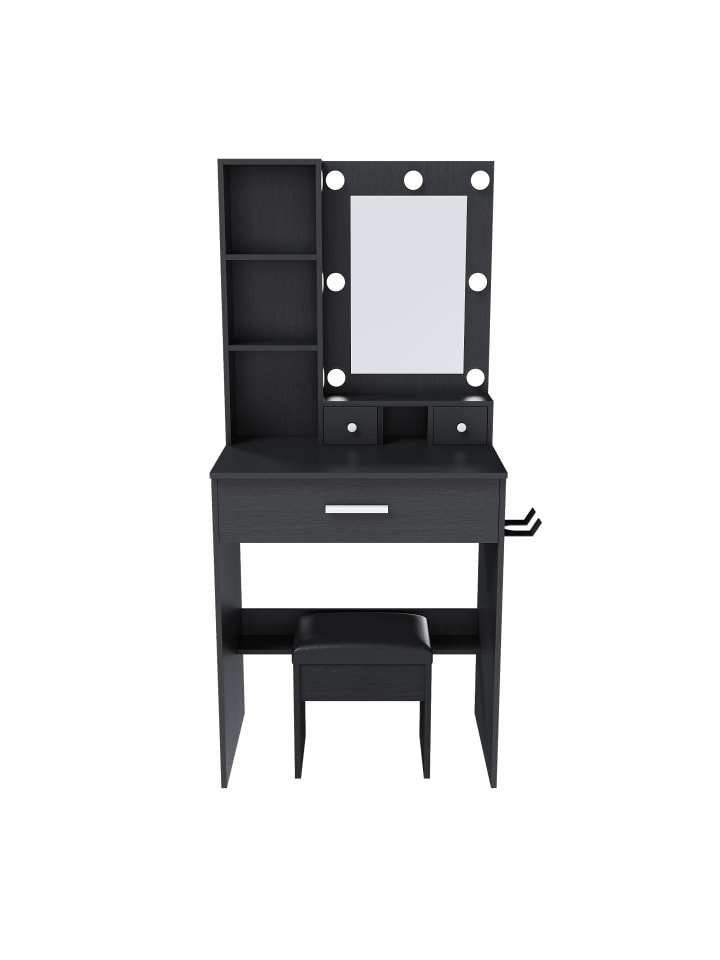 Schminktisch in Schwarz 60x38x131,5 cm mit LED Spiegel Steckdose Hocker