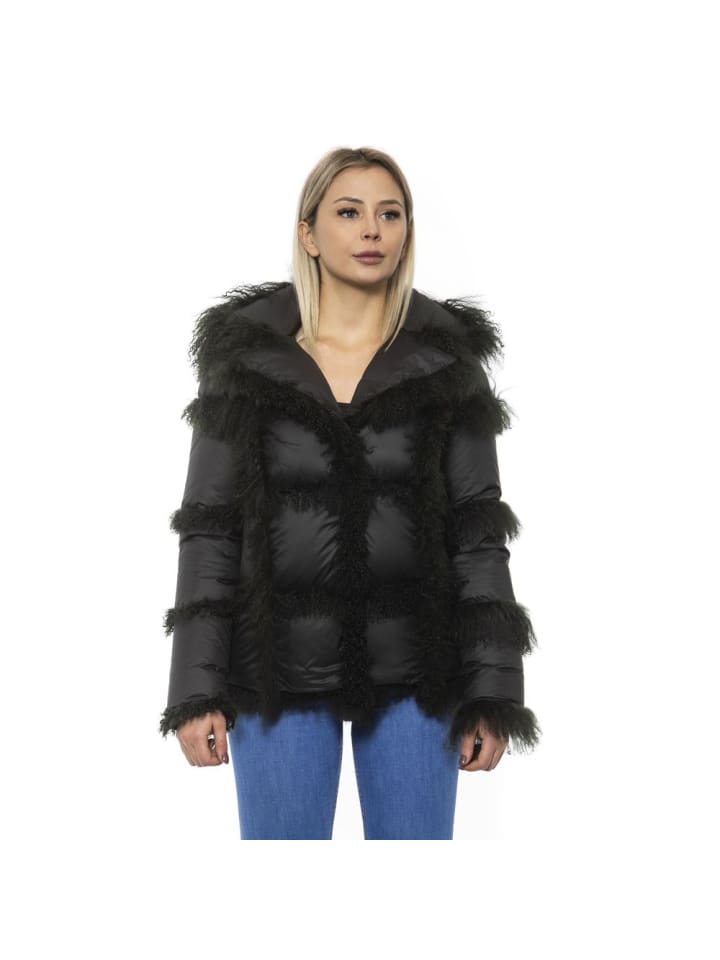 Schwarz Poly Jacke mit Lamm Webpelz Kapuze für Damen