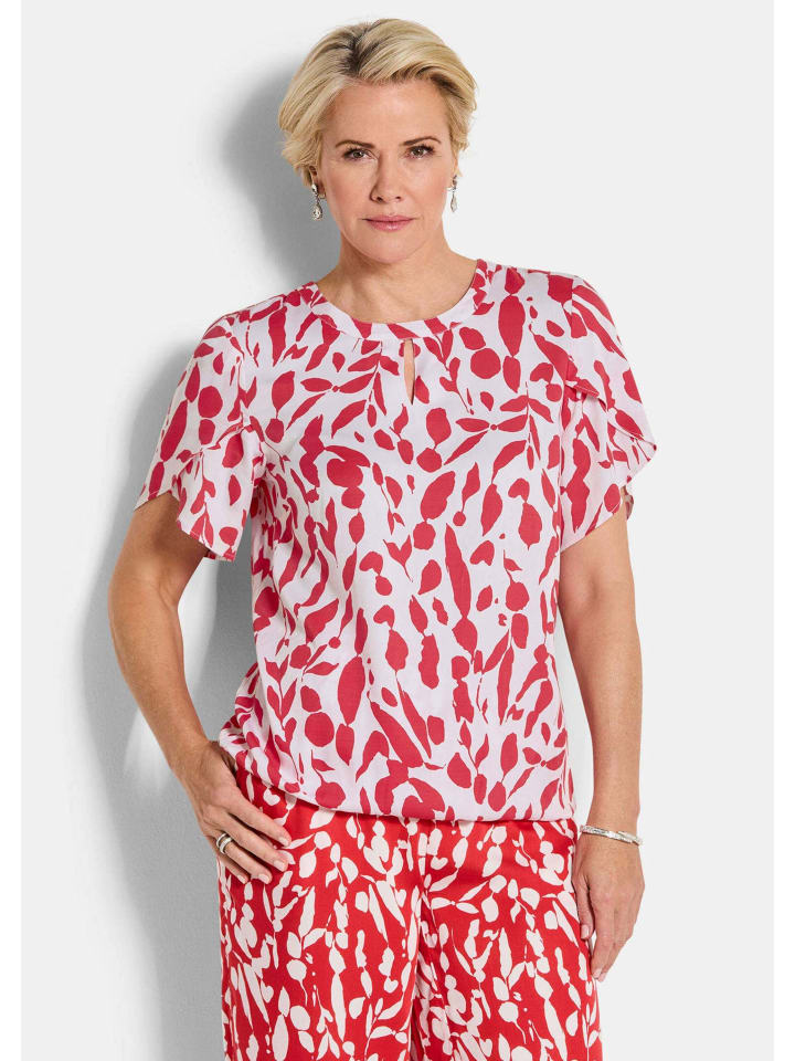 Kurzgröße:  Viskosebluse mit Tulpenärmeln in rot / weiß / gemustert