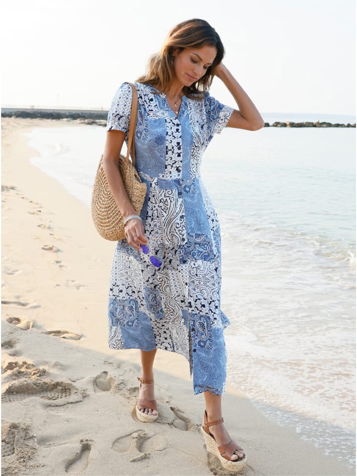 Sommerkleid in ecru-bleu-bedruckt