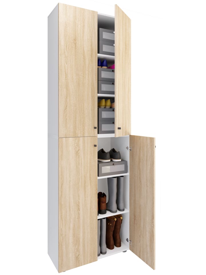 XL Holz Großer Schuhschrank Schuhkommode Lona 6 in Weiß / Sonoma-Eiche