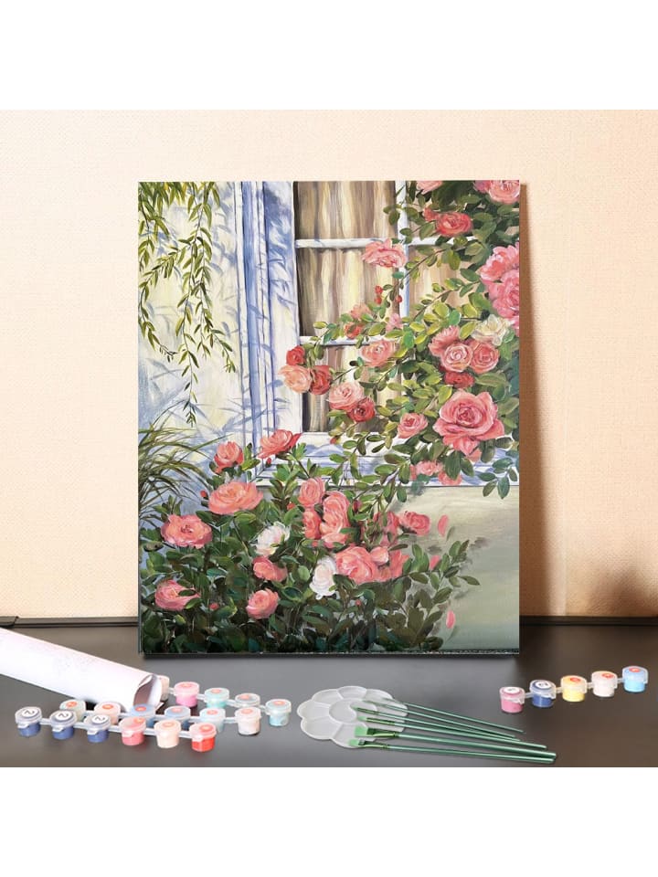 DIY Malen nach Zahlen Set-"Fensterblick mit Rosa Blumen"