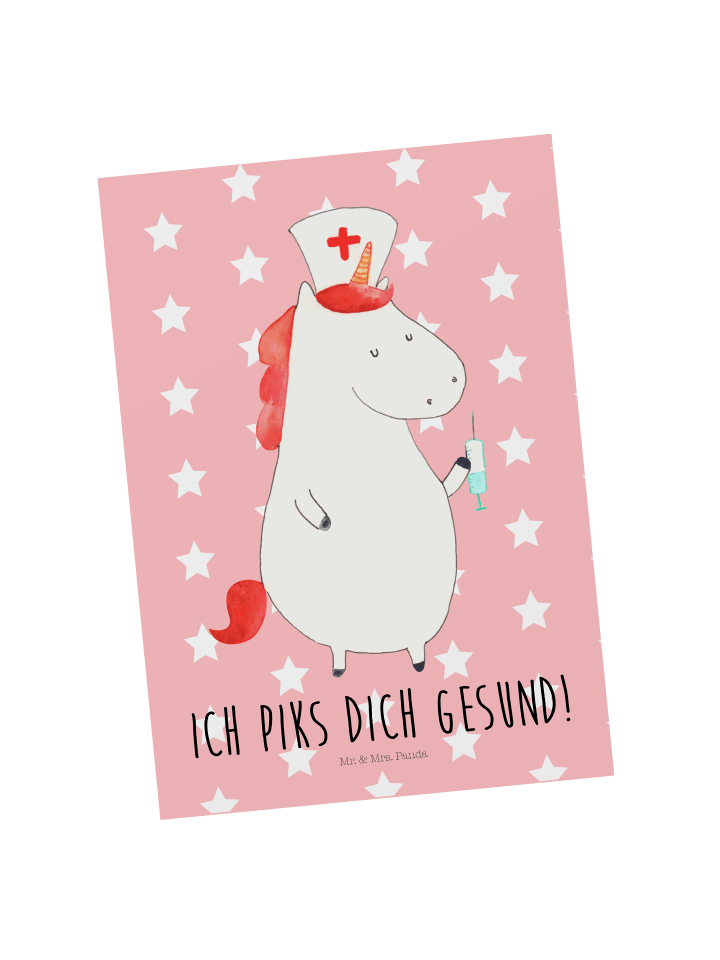 Postkarte Einhorn Krankenschwester mit Spruch in Rot Pastell