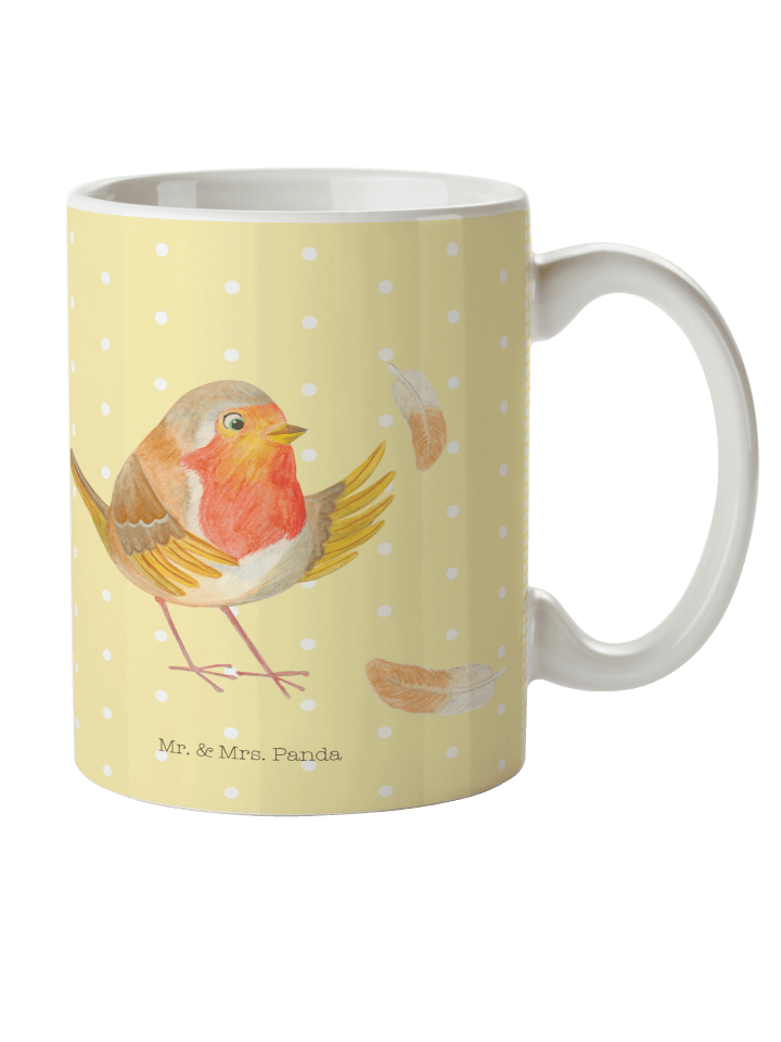 Tasse Rotkehlchen Federn ohne Spruch in Gelb Pastell