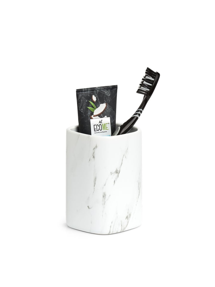 Keramiktasse für Zahnbürsten MARBLE in Weiß, 7,5 x 7,5 x 10,9 cm