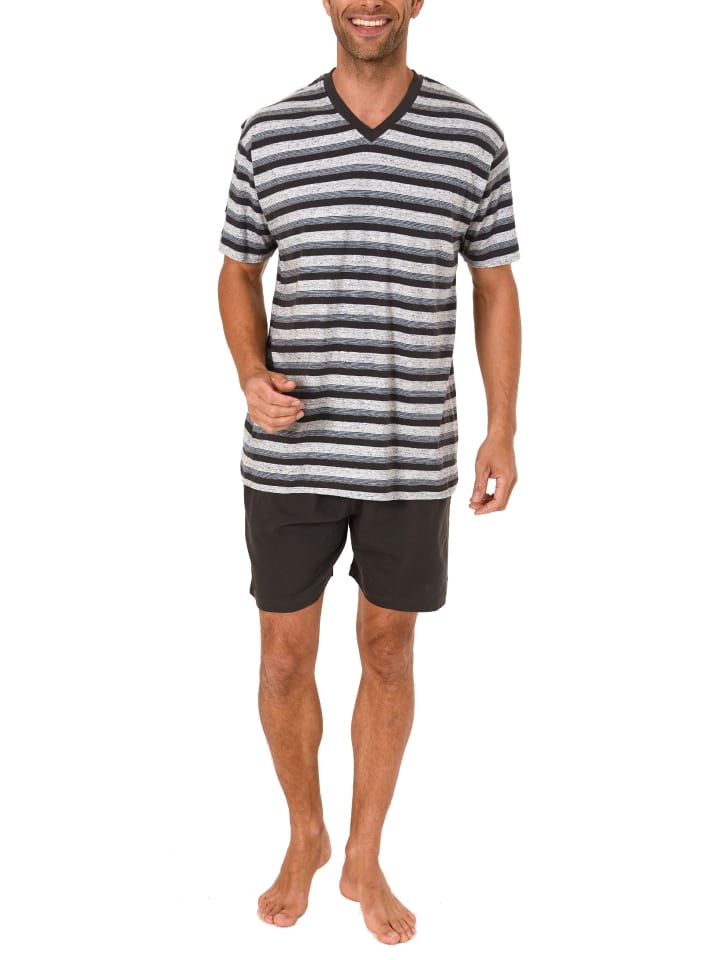Pyjama Shorty Schlafanzug kurzarm Streifen - 46412 in anthrazit-melange