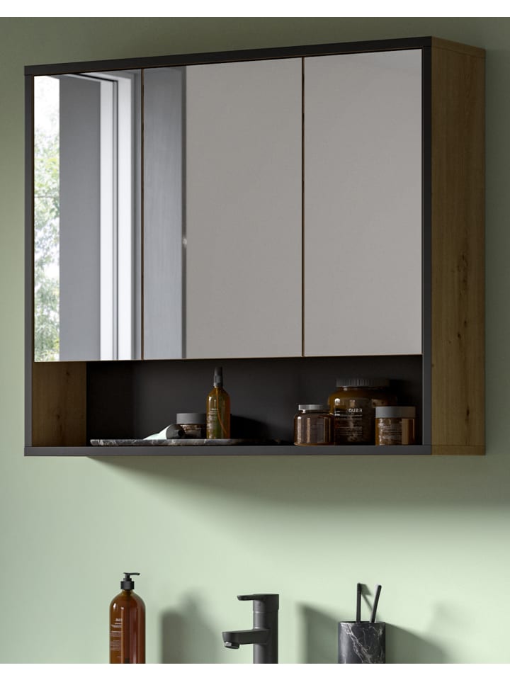 Spiegelschrank Eiche Artisan, schwarz 3-türig 80 cm, Badschrank mit Soft-Close