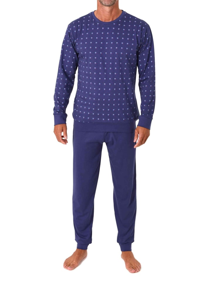 Langarm Schlafanzug Pyjama Bündchen Minimalprint in marine