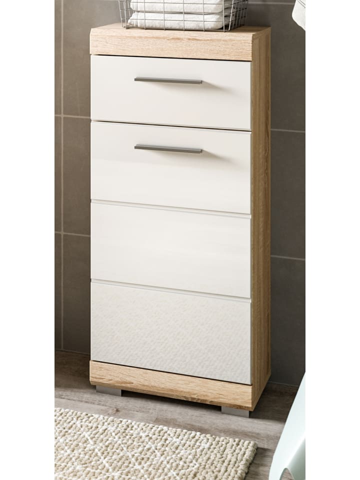 Kommode weiß Hochglanz, Eiche 37 x 88 cm Badschrank mit Vollauszug