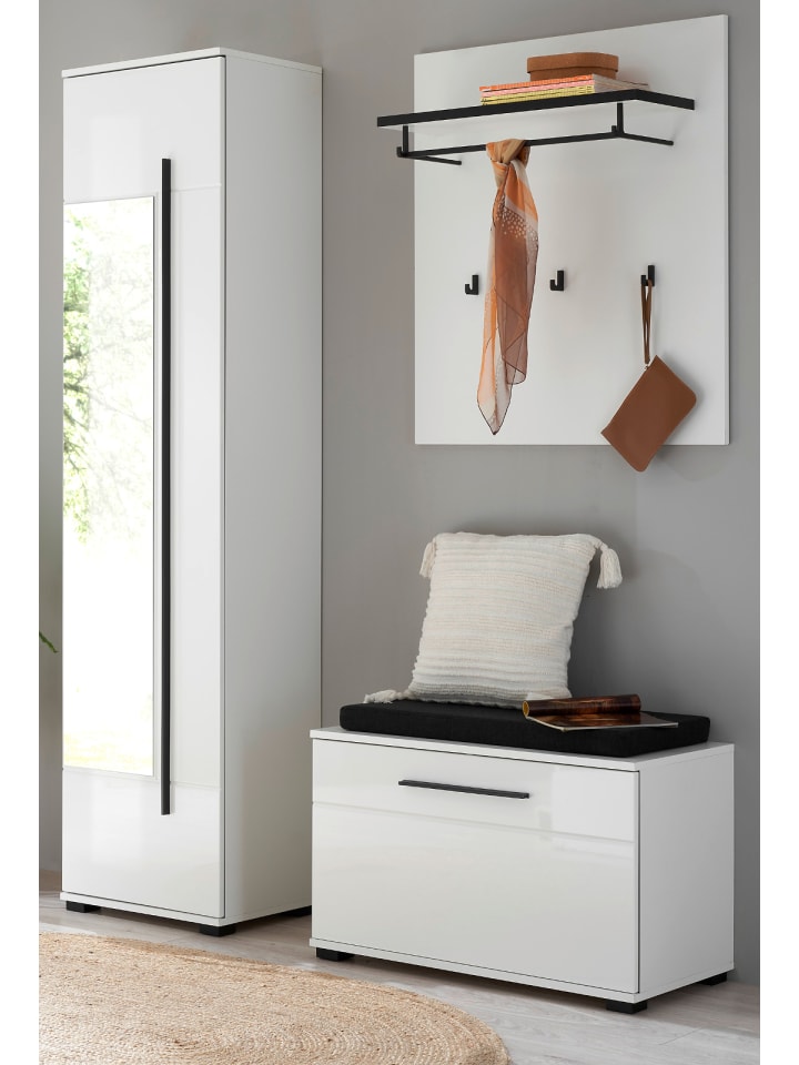 Garderoben-Set weiß Hochglanz 4-teilig 140 cm, Flurgarderobe mit Spiegel