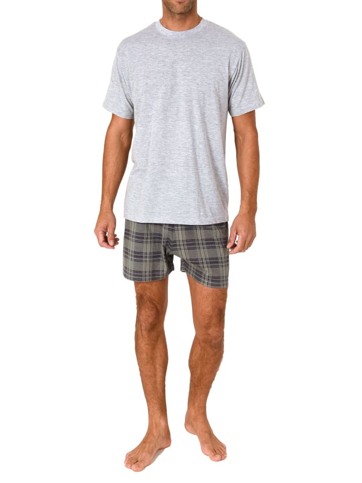 Schlafanzug kurzarm Shorty mit karierter Jersey Hose - 86231 in grau