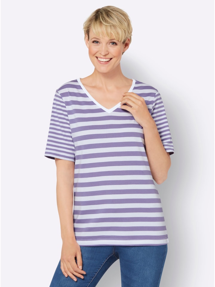 Kurzarm-Shirt in lavendel-weiß-geringelt