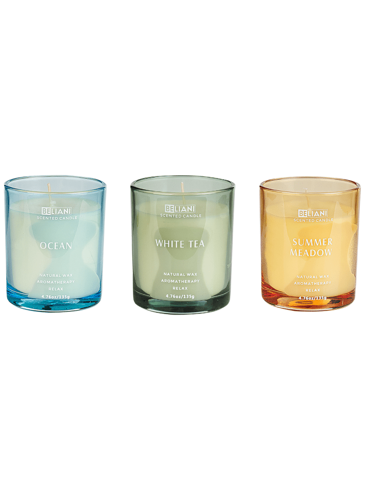 3er-Set Kerze SHEER JOY in Grün/Blau/Gelb