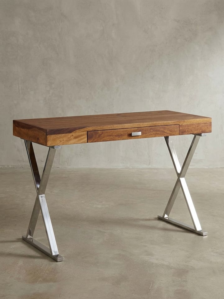 Schreibtisch | Sheesham/Chrom, 120x55x78cm, Schublade in Silber