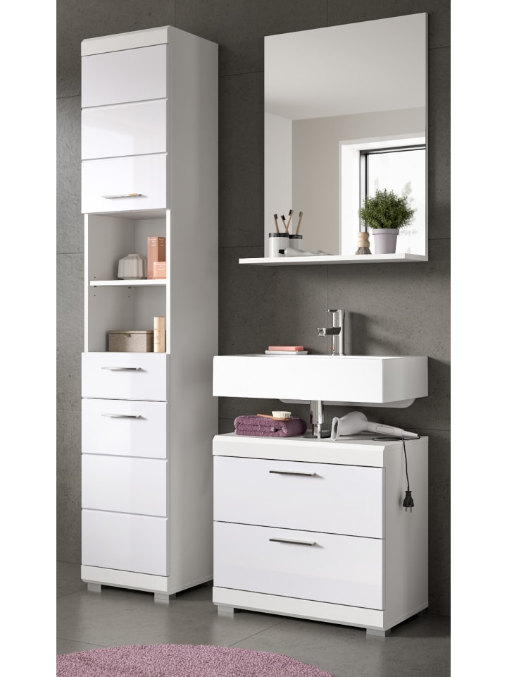 Badmöbel-Set weiß Hochglanz 3-teilig 112 cm, Komplettset mit viel Stauraum