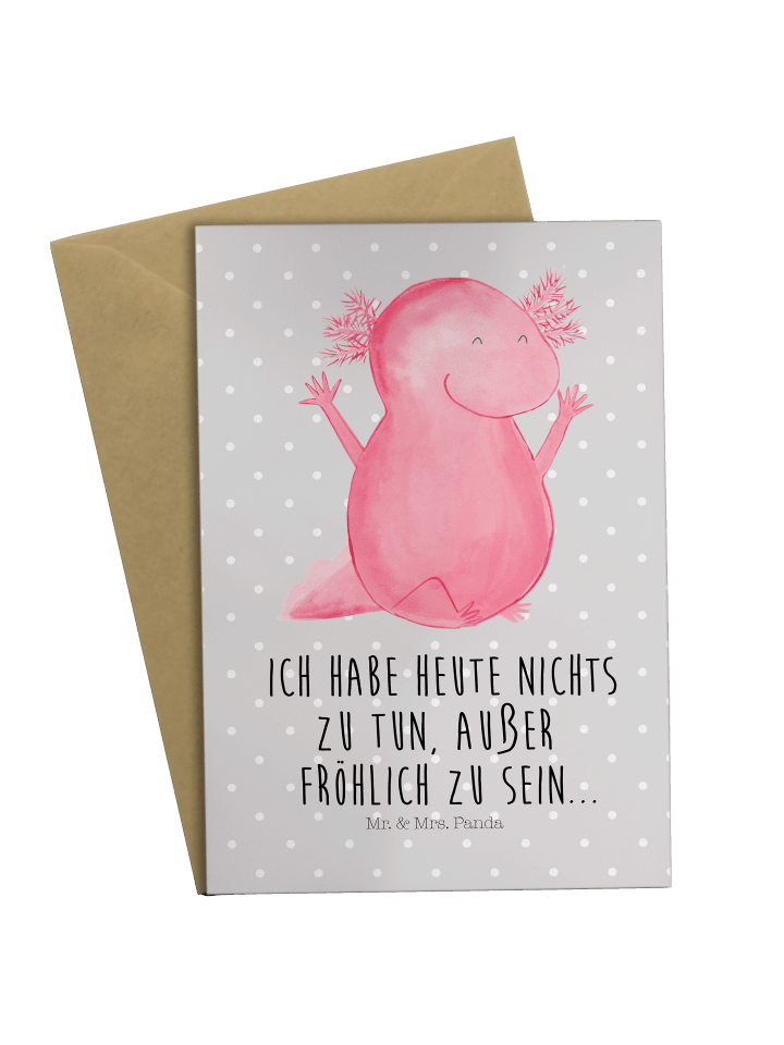 Grußkarte Axolotl Hurra mit Spruch in Grau Pastell