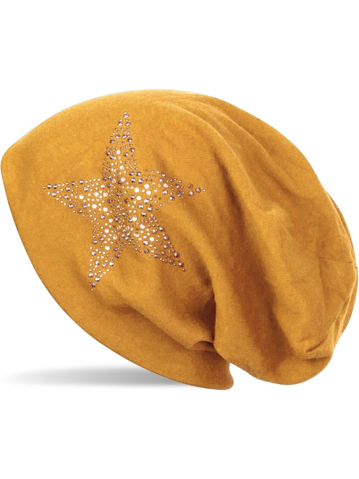 Beanie Mütze mit Strass Stern in Curry
