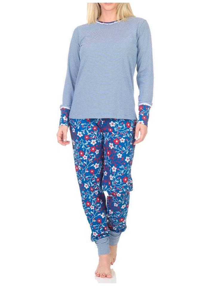 Langarm Schlafanzug Pyjama Bündchen Streifen - 84816 in marine