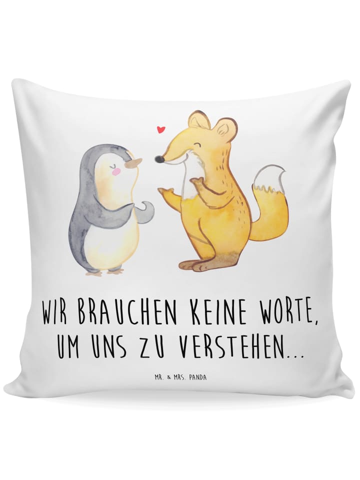 Dekokissen Fuchs & Pinguin gehörlos mit Spruch in Weiß