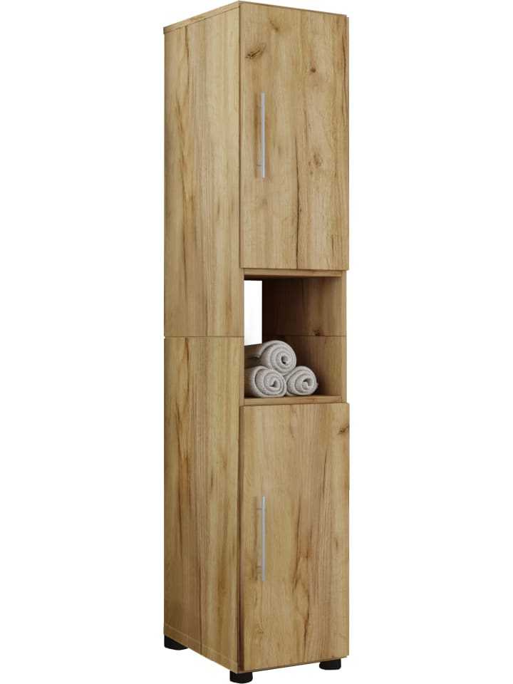 Holz Badmöbel Badschrank Hochschrank Flandu in Honig-Eiche