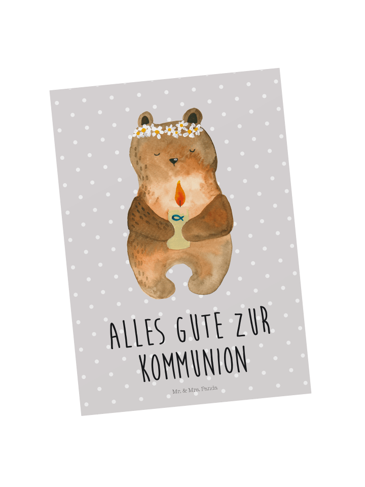 Postkarte Bär Kommunion mit Spruch in Grau Pastell