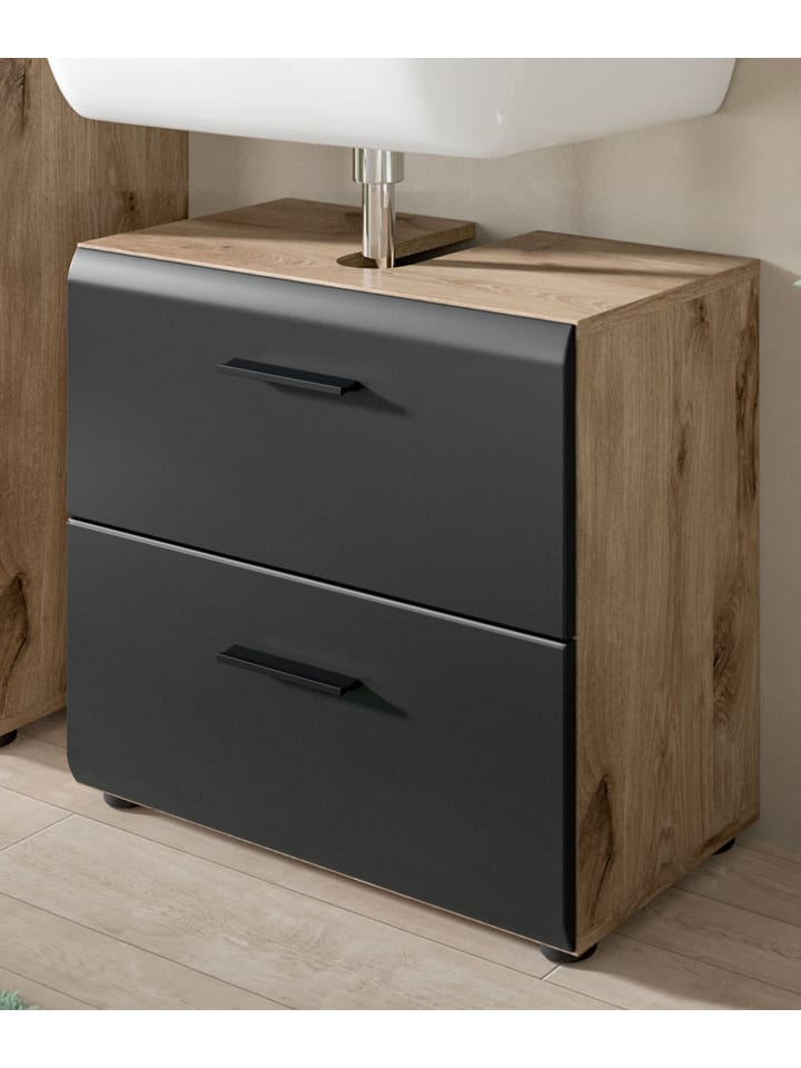 Waschbeckenunterschrank schwarz matt, Eiche 60 cm, Unterschrank mit Schubladen