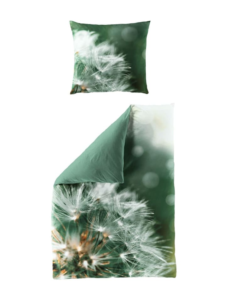 2 tlg. Mako Satin Bettwäsche 135x200cm Pusteblume in Olive