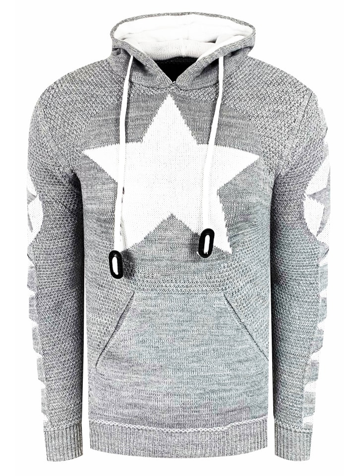 Grobstrick Comic Kapuzen-Pullover in Grau / Weiß