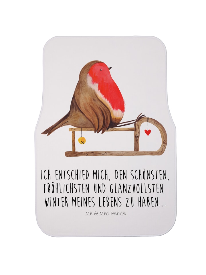 Automatte Rotkehlchen Schlitten mit Spruch in Weiß