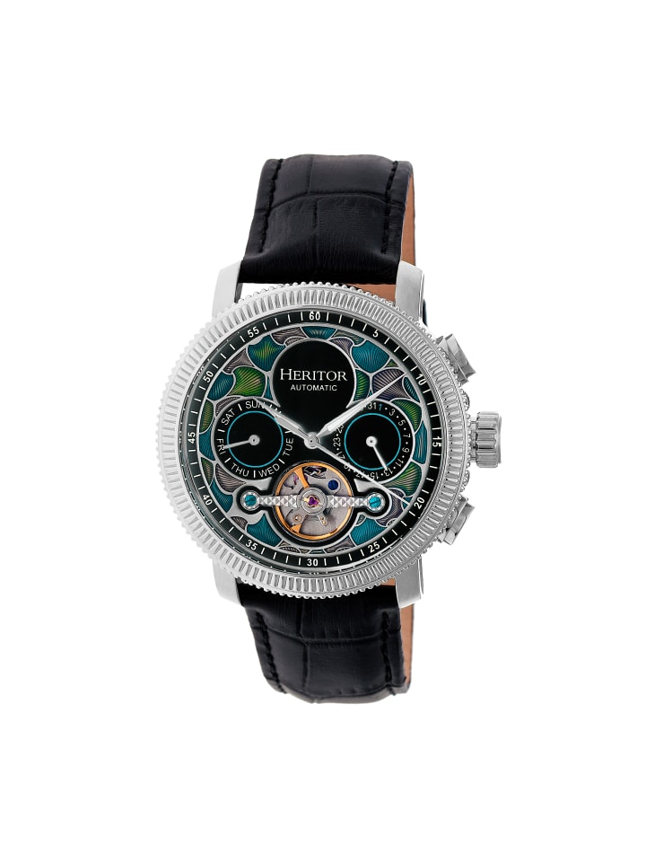 Aura Herren-Uhr mit halbskelettiertem Lederarmband in Silver/Black