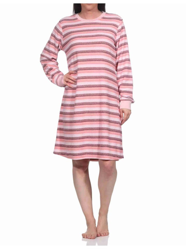 Frottee Nachthemd langarm Bündchen Streifendesign - 76954 in rosa