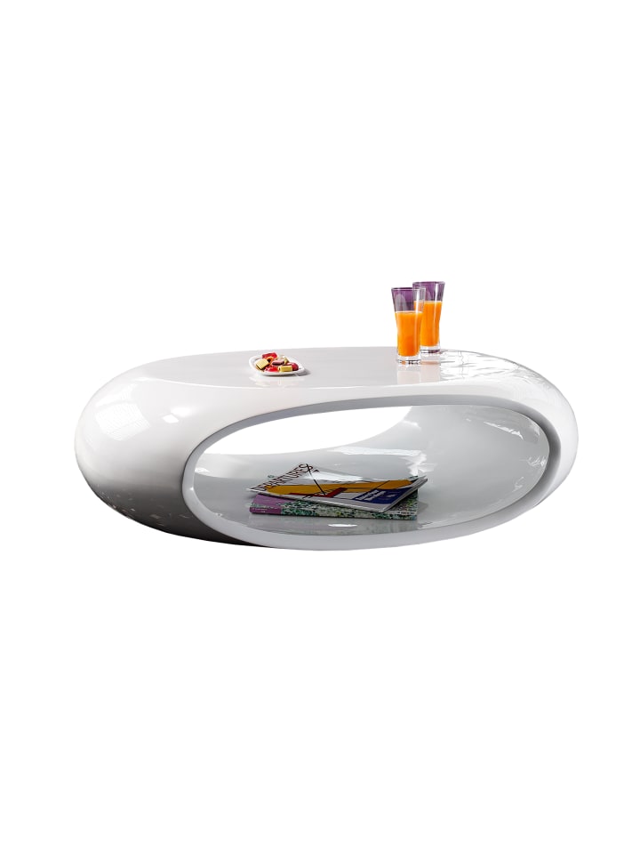 Couchtisch oval 100x70 cm mit Ablagefach Fiberglas Hochglanz lackiert in Weiß