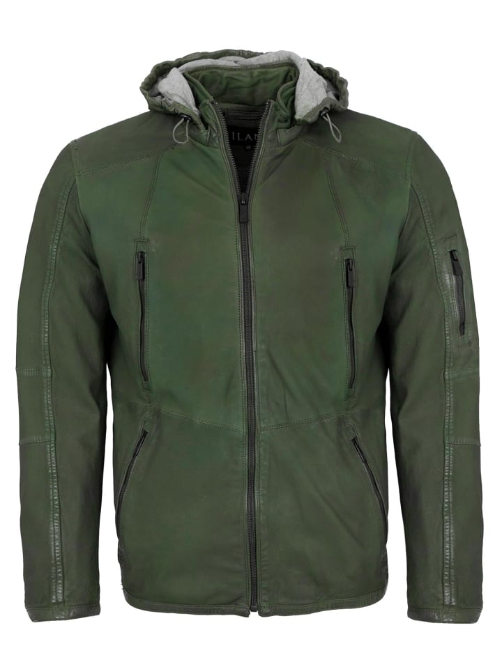 Lederjacke Kapuze Nubukleder in Oliv