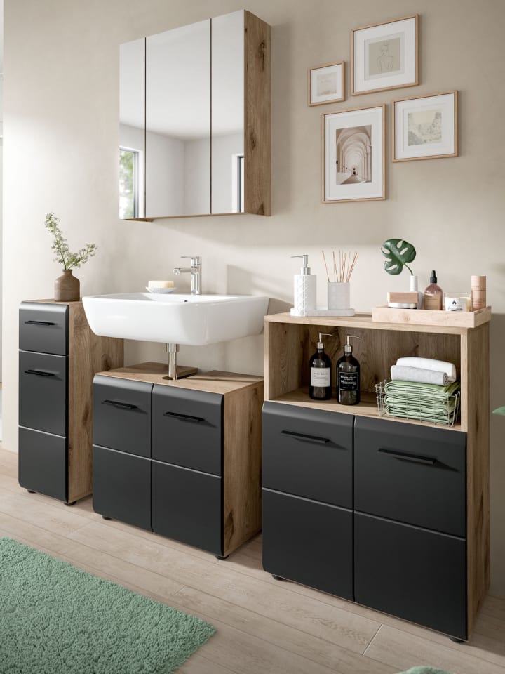 Badmöbel-Set 4-teilig schwarz matt, Eiche Nox, Badezimmer 180 cm, viel Stauraum
